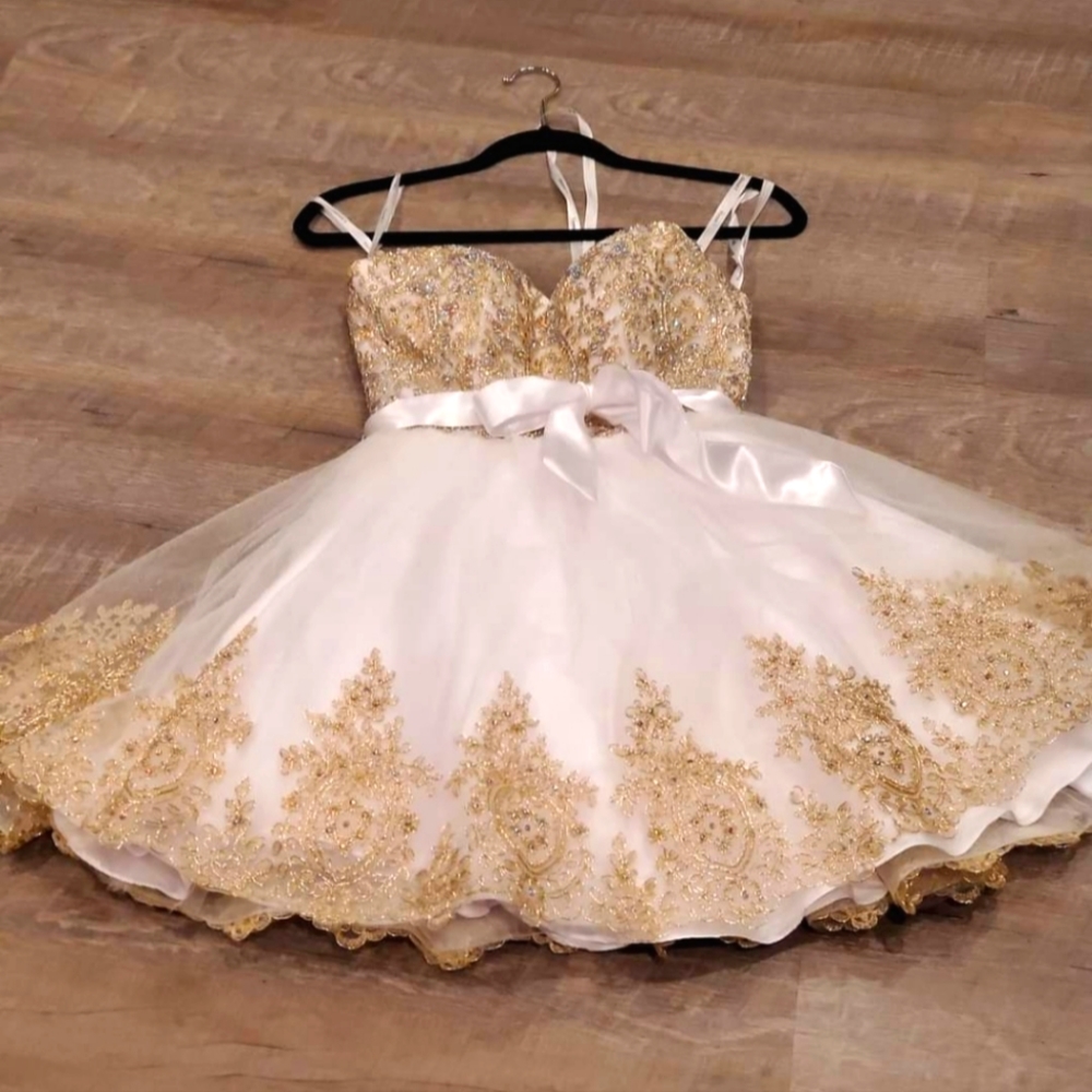 Hannah S Dress. Prom, Cotillon, Formal event Size 0. White with Gold Oplaque.